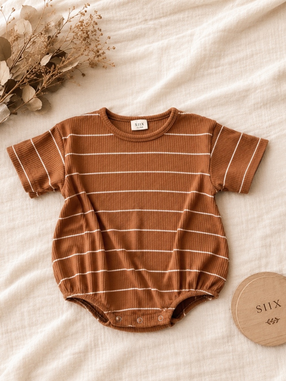 Siix Neutral Ribbed Bubble Romper 12-18M Organic Cotton Boutique